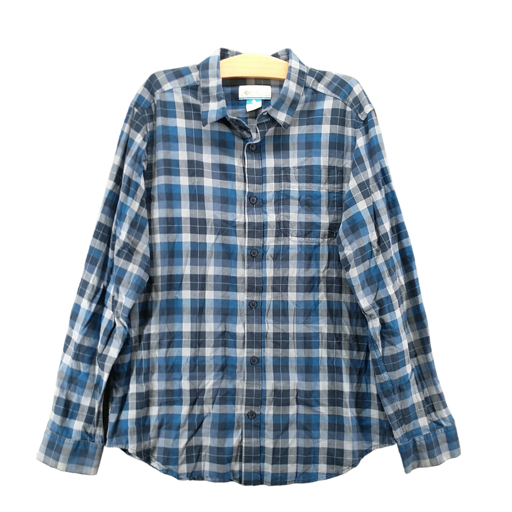 Columbia Men's Flannel Button-Up Shirt Blue Medium Long Sleeve Check 100% Cotton